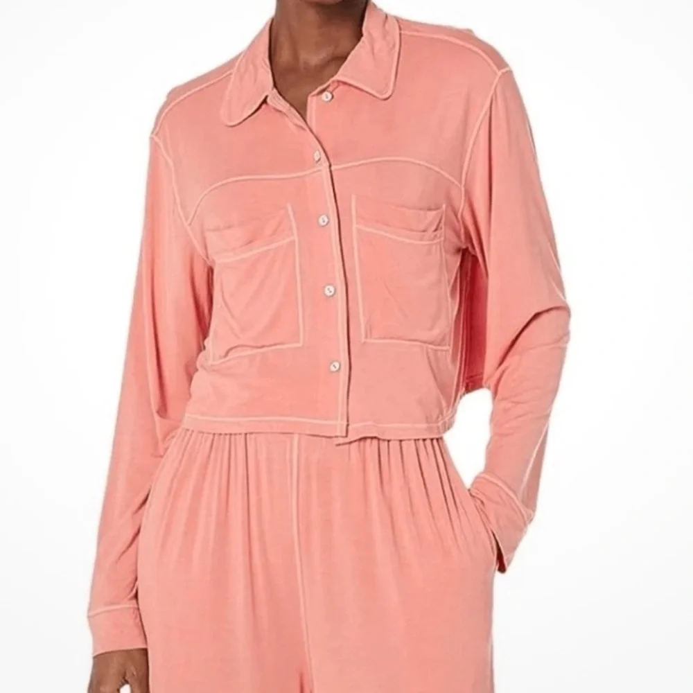 Free People Essentials Pajama Top Size L Button Front Long Sleeve Cropped peach